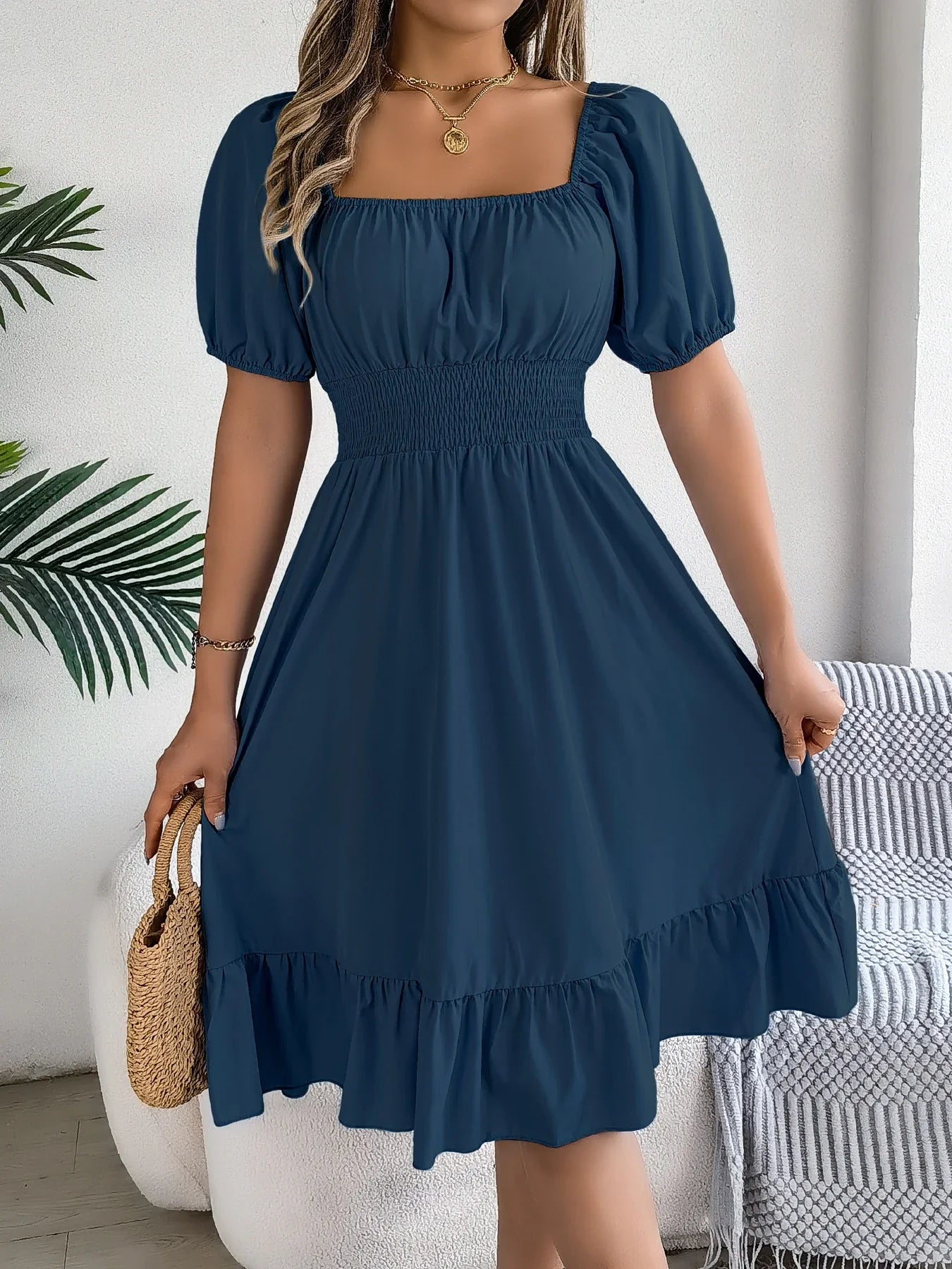Spring Summer Elegant High Waisted Dress Square Neck Short Sleeved Ruffled Edge Long Dresses 2026 Valentine's Day Woman Clothing