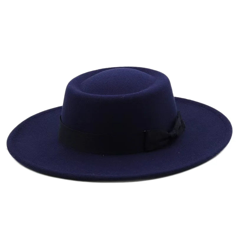 9.5cm Brim Round Top Hat Solid Color Fedoras Bow Flat Top Boater Style Panama Hats for Women Men Party Wedding Church Felt Caps