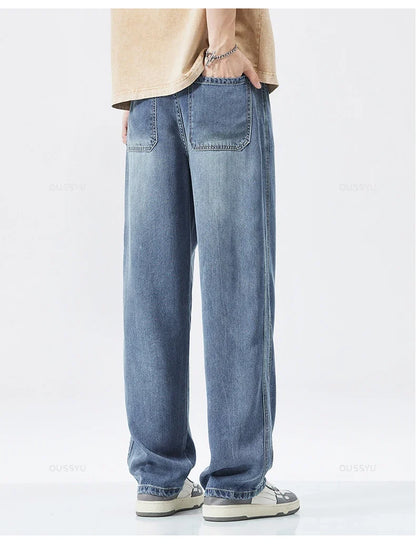 Spring Autumn High Quality Soft Lyocell Fabric Jeans Men Loose Wide Leg Pants Elastic Waist Casual Trousers Plus Size 28-40