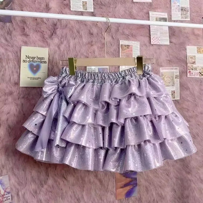 Summer Sweet Princess Mini Skirt Women Hot Girl Subculture Purple Color Short Skirt Y2k Harajuku Fashion Bow Puffy Cake Skirt