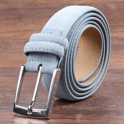2025 Fashion Suede Belt Cow Genuine For Man And Lady With Oxford Fabric Strap Genuine Leather Luxury Pin Buckle Blue Belts