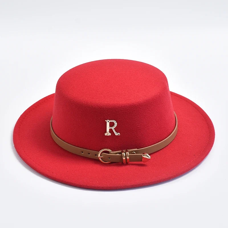 New Metal R Letter Fedora Hat for Women Fashionable Winter Flat Top Wedding Church Bowler Cap Females Elegant Holidays Hat