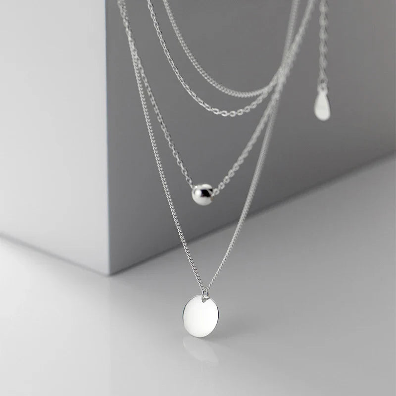 Simple Design Beads Ball Coin 925 Sterling Silver Pendant for Women Girl Double Layer Basic Chain Necklace Fine Jewelry