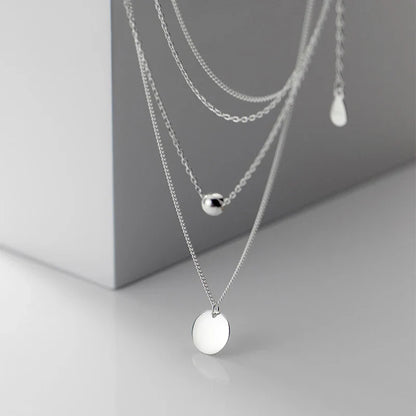 Simple Design Beads Ball Coin 925 Sterling Silver Pendant for Women Girl Double Layer Basic Chain Necklace Fine Jewelry