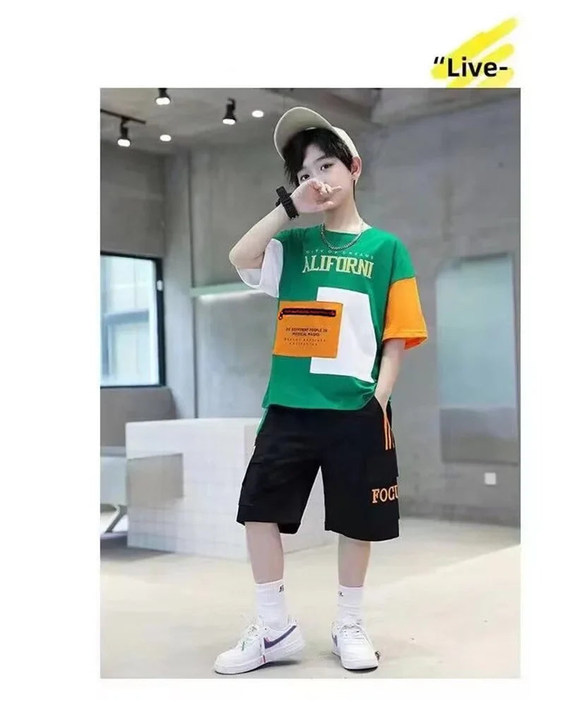 Summer Boys Clothes Sets Teenager Casual Outfits Kids Print T-shirt +Shorts 2Pcs Children Short Sleeve Tracksuit Suits 5-12 Year