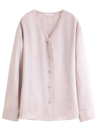 French-style Elegant V-neck Acetate Long-sleeved Shirts Women New Spring 2026 Design Satin Top Lace Bow