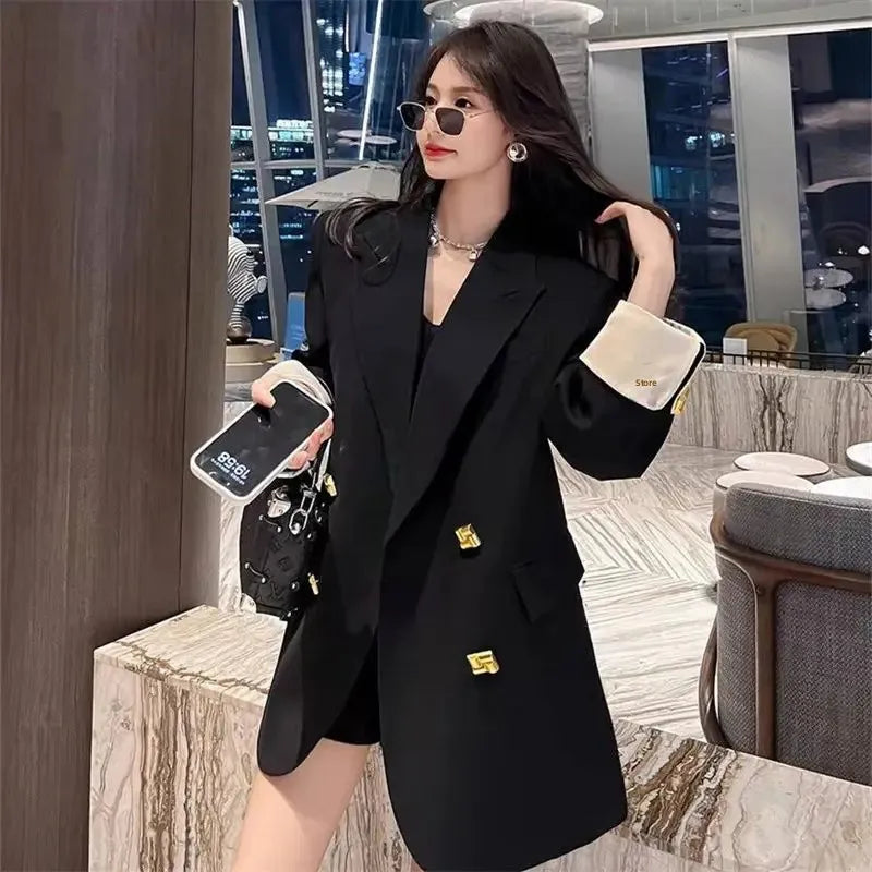 Black Casual Commuter Loose Fit Premium Suit Jacket Spring Autumn New Style Korean Version Fashionable Polyester Fiber Full Slee