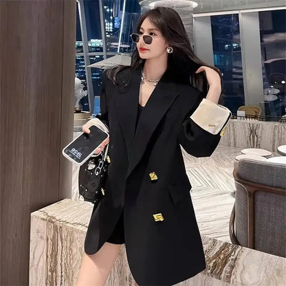 Black Casual Commuter Loose Fit Premium Suit Jacket Spring Autumn New Style Korean Version Fashionable Polyester Fiber Full Slee