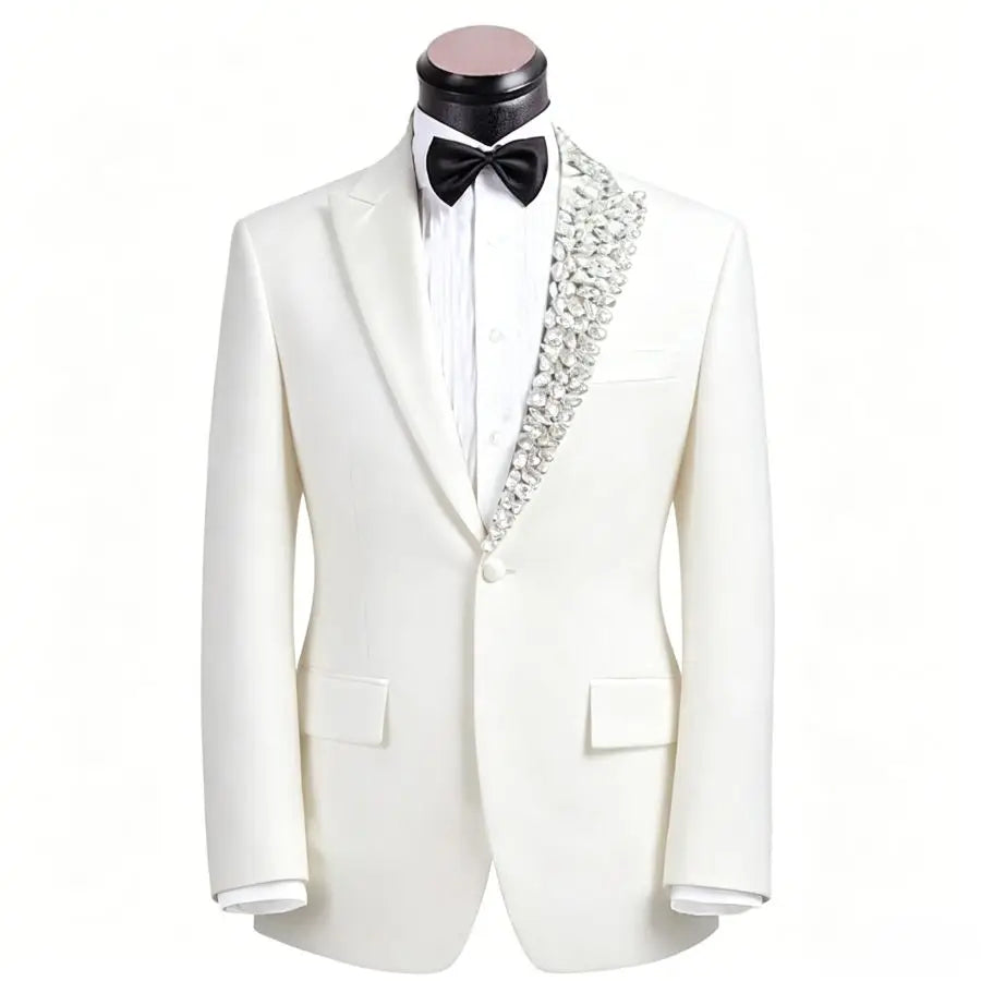 Luxury Beaded Formal Men Suits with Crystal 2 Pieces Wedding Tuxedo for Groom Slim Fit Prom Party Blazer Jacket Pants Set Outfit