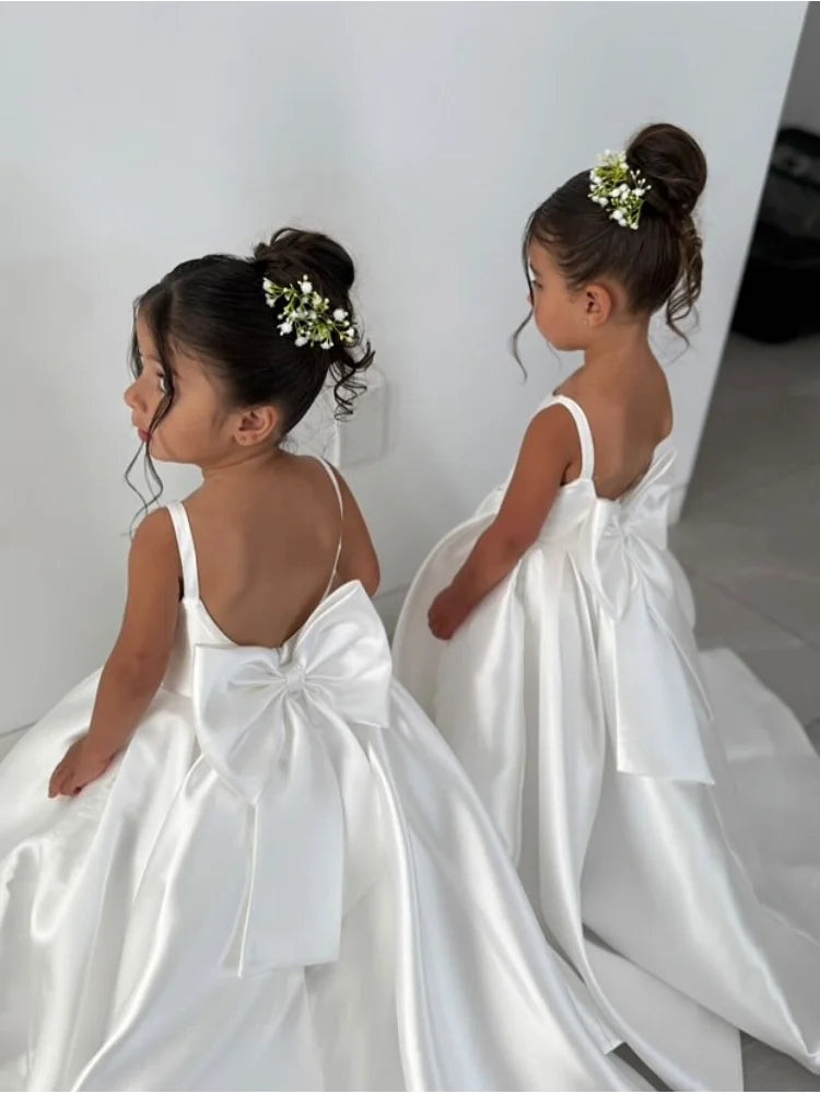 Ivory Flower Girl Dress With Bow Strap Mini Bridal Wedding Dress Kids Ball Gown 1st Communion Frock Customized Vestidos De Noiva