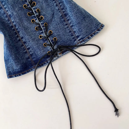 Night Club Denim Camis Female Summer Backless V Neck Lace Up Shirred Retro Halter Top Y2K Hot Girl Streetwear Tank Top