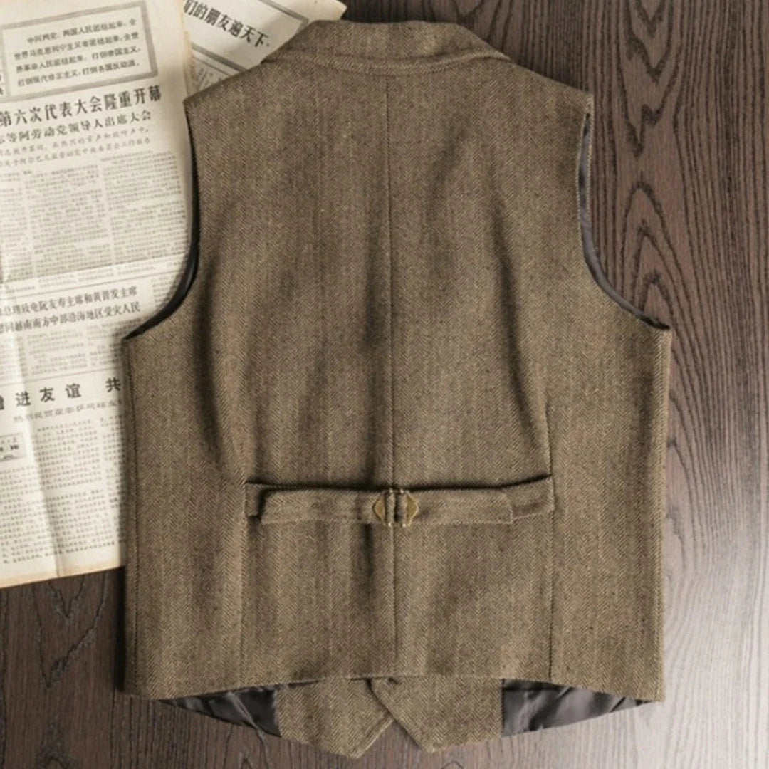 Men Vest Brown Herringbone Single Button With Lapel And Pocket Waistcoat For Wedding Banquet Business Casual Work Men Suit Vest