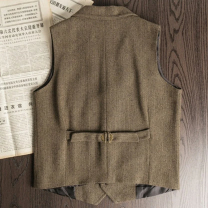 Men Vest Brown Herringbone Single Button With Lapel And Pocket Waistcoat For Wedding Banquet Business Casual Work Men Suit Vest
