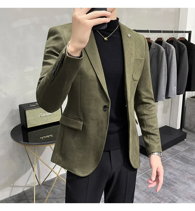 Deerskin Leather Jacket Blazer Men Casual Slim Fit Blazer Hombre Suit Leather Jacket Men Terno Masculino Men Clothing 6 Color