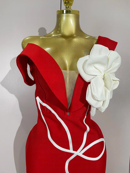 Sexy Off Shoulder White Flower Black Red Bodycon Bandage Long Dress Women Luxury Celebrity Evening Club Elegant Party Gowns