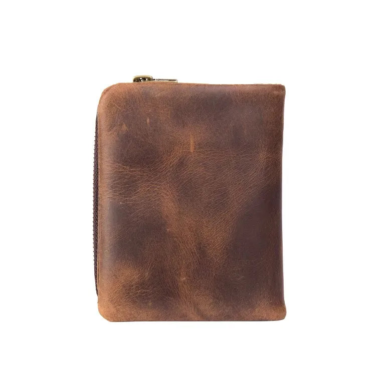 Handmade crazy horse leather wallet retro vertical zipper wallet first layer cowhide simple old wallet man