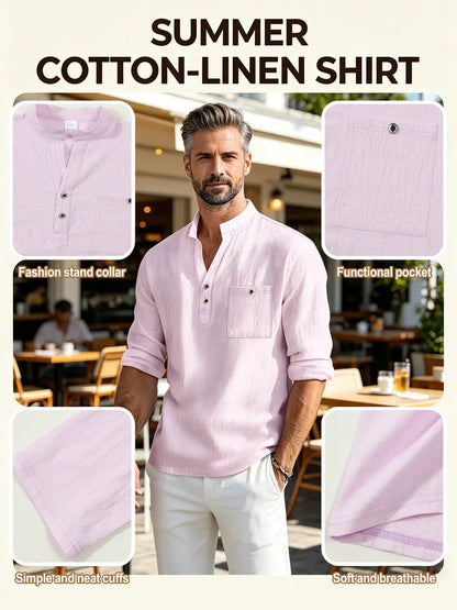 Men Mandarin Collar Long Sleeve Henley Cotton Linen Shirt Chest Pocket Breathable Beach Travel Daily Casual V Neck Top