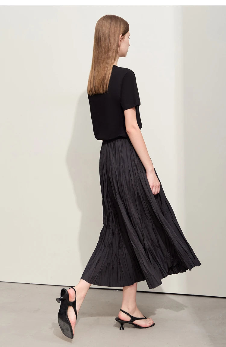 Minimalism Pleated A-Line Skirts Women 2024 Summer New Baiscs Rubber Band Waist Irregular Loose Large Hem Skirt 12442081