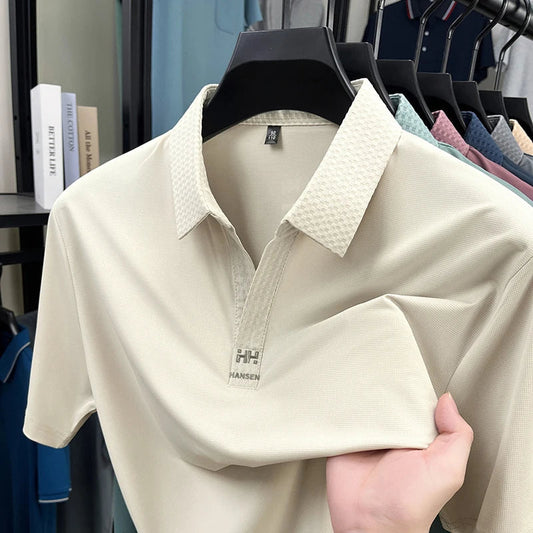 Fashion V-neck short sleeve T-shirt men's summer solid color silky smooth breathable personalized jacquard buttonless polo shirt