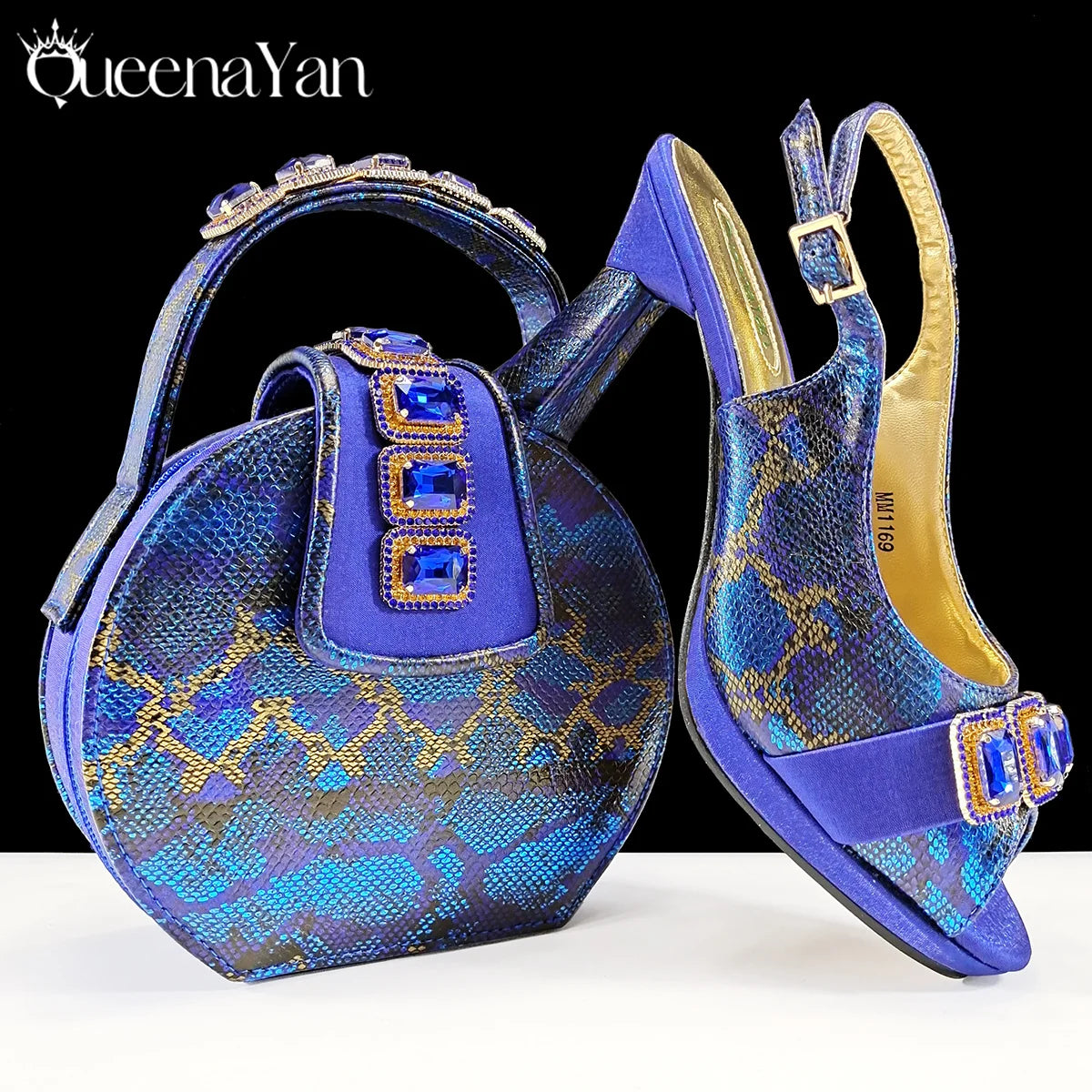 New Luxurious Italian Women's Party Shoes&Bag Set Elegant Golden Rhinestone  Sandals with Peep Toe High Heels Wedding