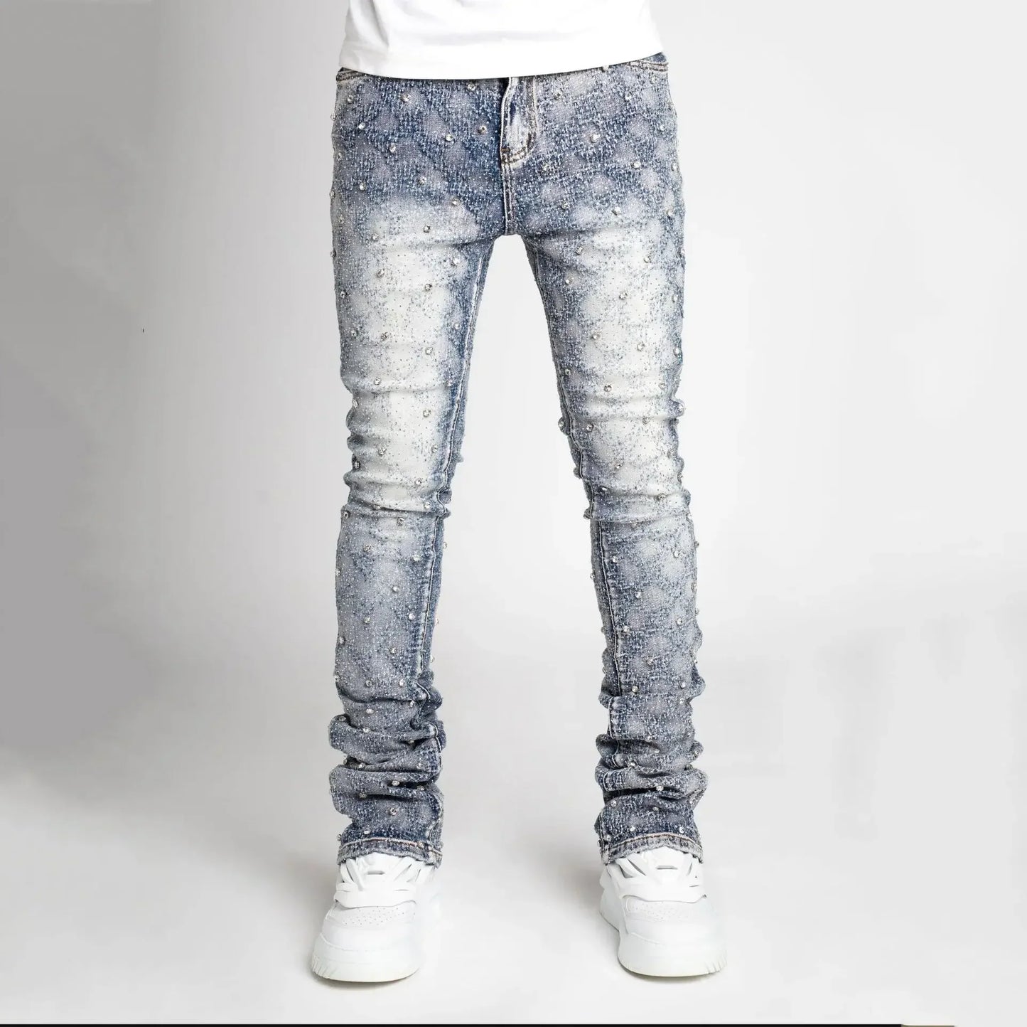 Men Denim Fashion Individualistic Straight-leg Men Trousers European and American Fashion Elastic Pearl Denim Layered Long Pants