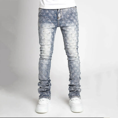Men Denim Fashion Individualistic Straight-leg Men Trousers European and American Fashion Elastic Pearl Denim Layered Long Pants