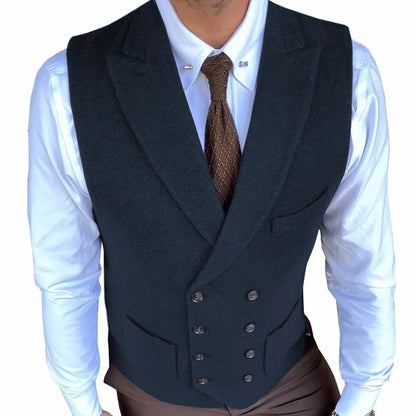 Men Vest Gray Herringbone Solid With Lapel Double Button Waistcoats For Wedding Banquet Business Office Work Men Suit Vest