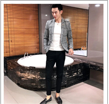 Men Checked Suit Jacket 2023 Spring New Linen Slim Suit Jacket Fashion One-button Business Casual Jacket Large M-5XL Suit Jacket