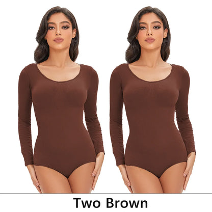 Spandex Elastic Body Suit Shapewear Women Body Shaper Tummy Control Long Sleeve Open Crotch Round Neck Seamless Shapers