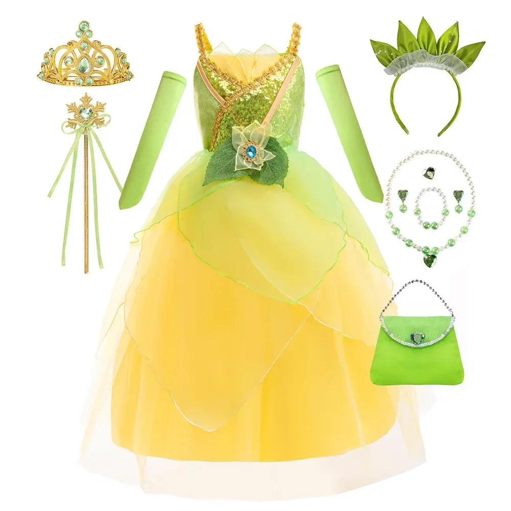 2026 Fairy Tale Fancy Princess and Frog Costume Play Tiana Ball Gown with Gloves Deluxe Suspender Dress 2 4 5 7 8Y Girl Carnival