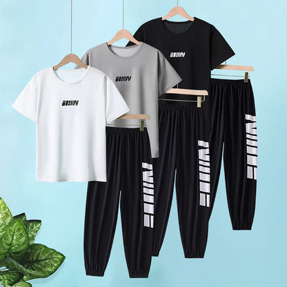 2-pcs Summer Youth Fashion Letter Set 13-16 Year Old Boys and Girls Simple and Versatile Letter Short Sleeve T-shirt Black Pants
