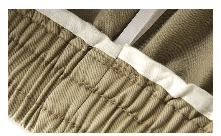 Spring Summer Cargo Pants Men Cotton Enzyme Wash Distressed Loose Fit Straight Leg Khaki Drawstring Elastic Waist Casual Pants