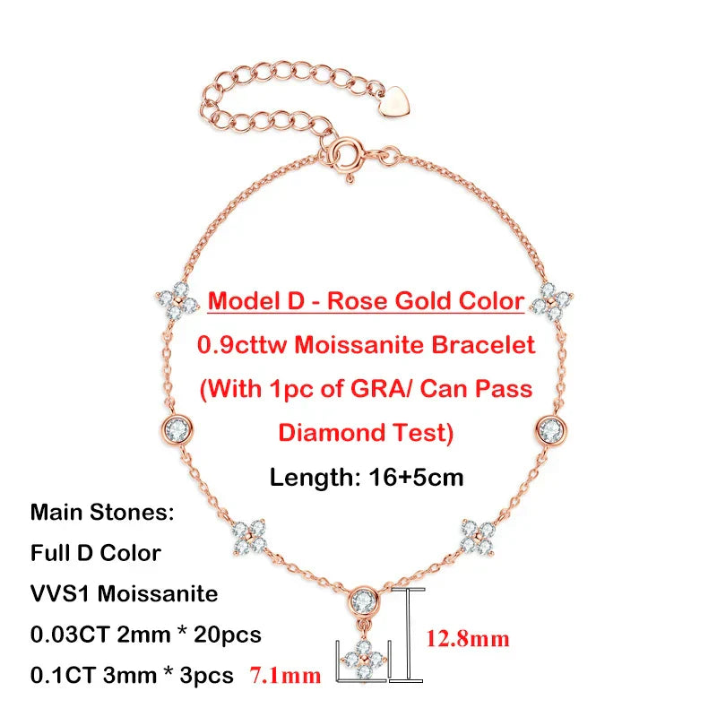 Clover GRA Certified 2cttw D Color Moissanite Bracelet for Women Girl 925 Silver Pass Diamond Test Hand Link Bracelets Gift