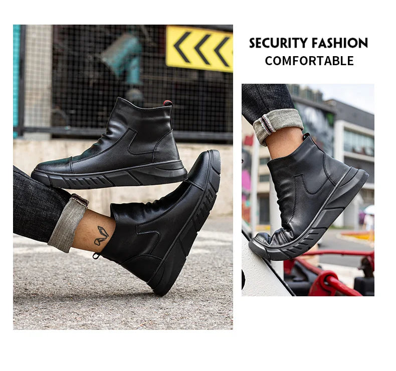 Fashion 2025 Black Leather Safety Work Shoes for Men Indestructible Steel Toe Cap Anti Nail Anti Slip Male Boots Footwear