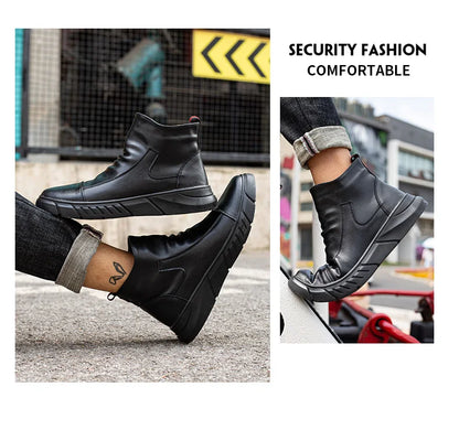 Fashion 2025 Black Leather Safety Work Shoes for Men Indestructible Steel Toe Cap Anti Nail Anti Slip Male Boots Footwear