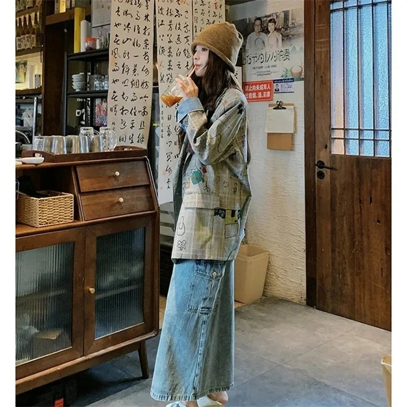 Women's Blazer Jacket 2025 Spring Autumn Fashion Graffiti Printed Ladies Lattice Suit Coat Casual Korean Version Lady Outerwear