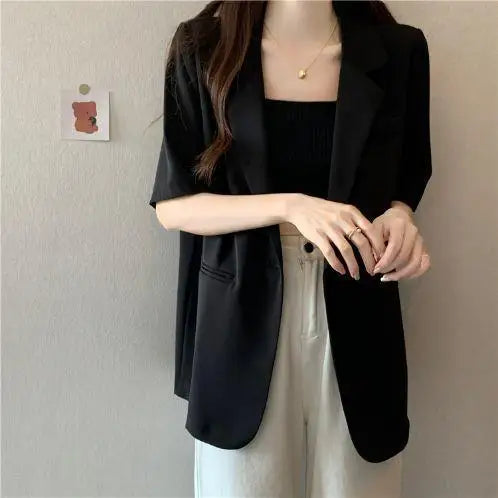 Loose Casual Thin Short Sleeve Women's Suit Jacket Summer New Style Korean Version Fashionable All-Match Lightweight Polyeste...