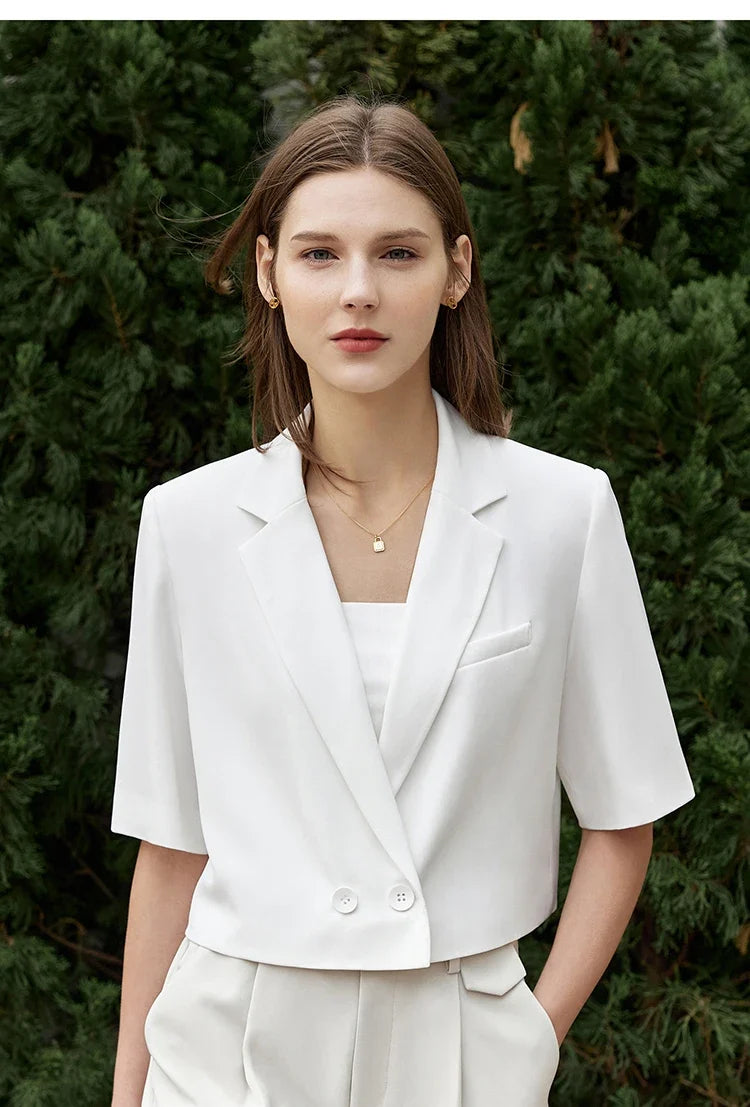 Minimalism Women's Jacket Casual Blazer 2024 Summer Shirts Office Lady Black Business Blazers Short Sleeve Tops 12322062