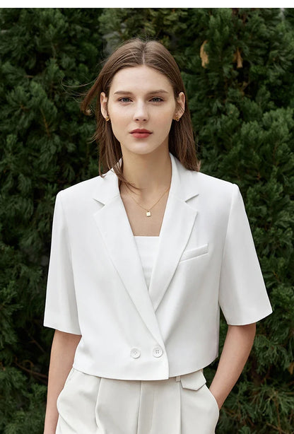 Minimalism Women's Jacket Casual Blazer 2024 Summer Shirts Office Lady Black Business Blazers Short Sleeve Tops 12322062