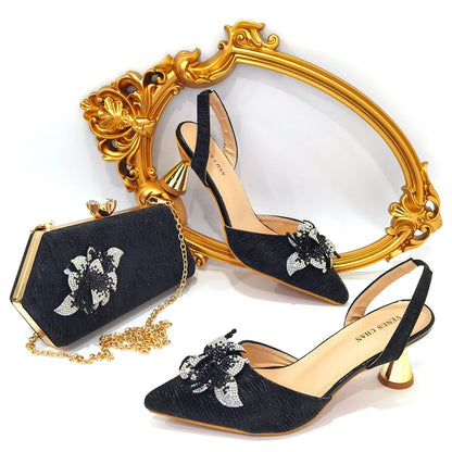 FASHION SHOE Sandals Women 2022 High Heels sexy Green Color Rhinestone Flowers Party Pumps Wedding Shoe and Matching Bag Set