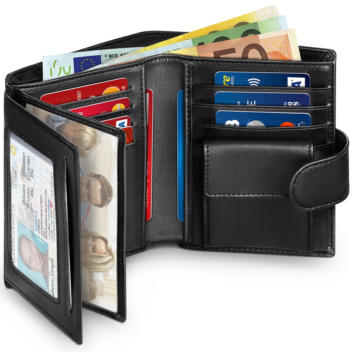 Portefeuille en cuir véritable pour hommes, porte-monnaie professionnel, porte-cartes RFID, fenêtres transparentes, compartiment billets de banque et monnaie, noir
