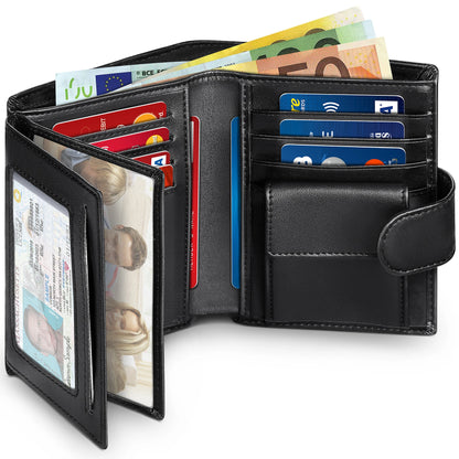 Portefeuille en cuir véritable pour hommes, porte-monnaie professionnel, porte-cartes RFID, fenêtres transparentes, compartiment billets de banque et monnaie, noir