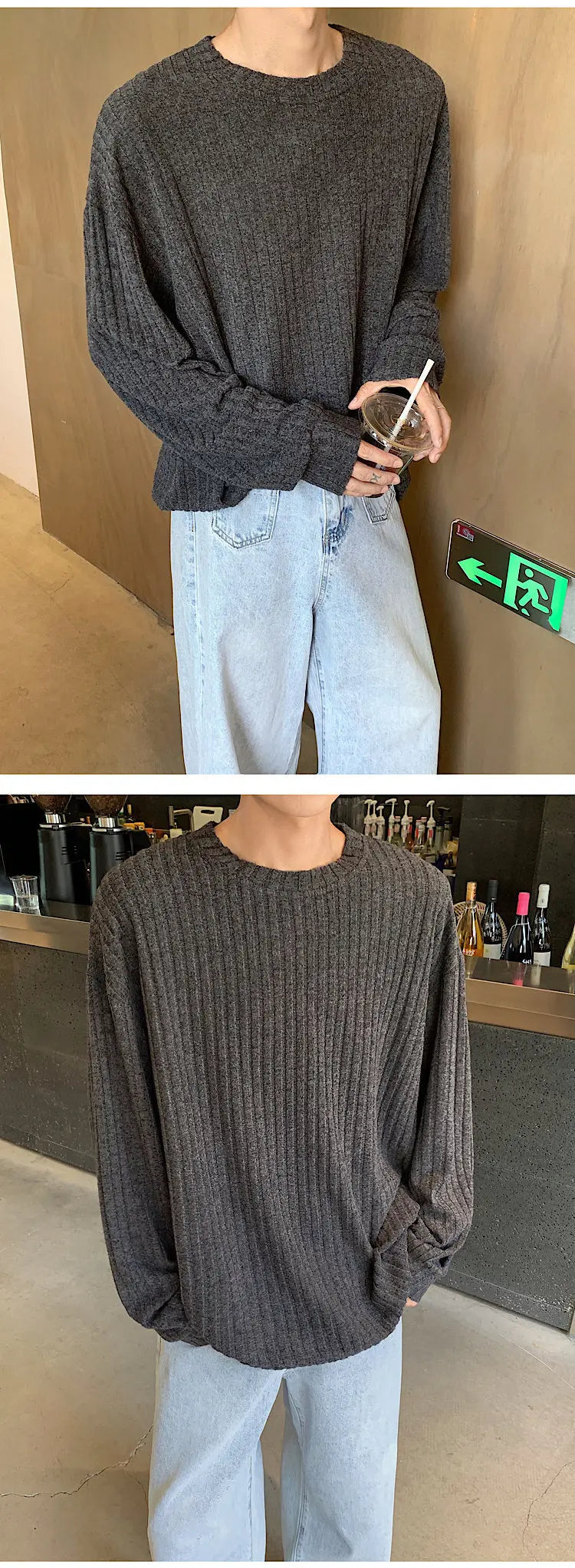 Autumn Long Sleeved T-shirt Men Oversized Fashion Casual Striped T Shirt Men Streetwear Korean Loose Round Neck Tshirt Mens Top