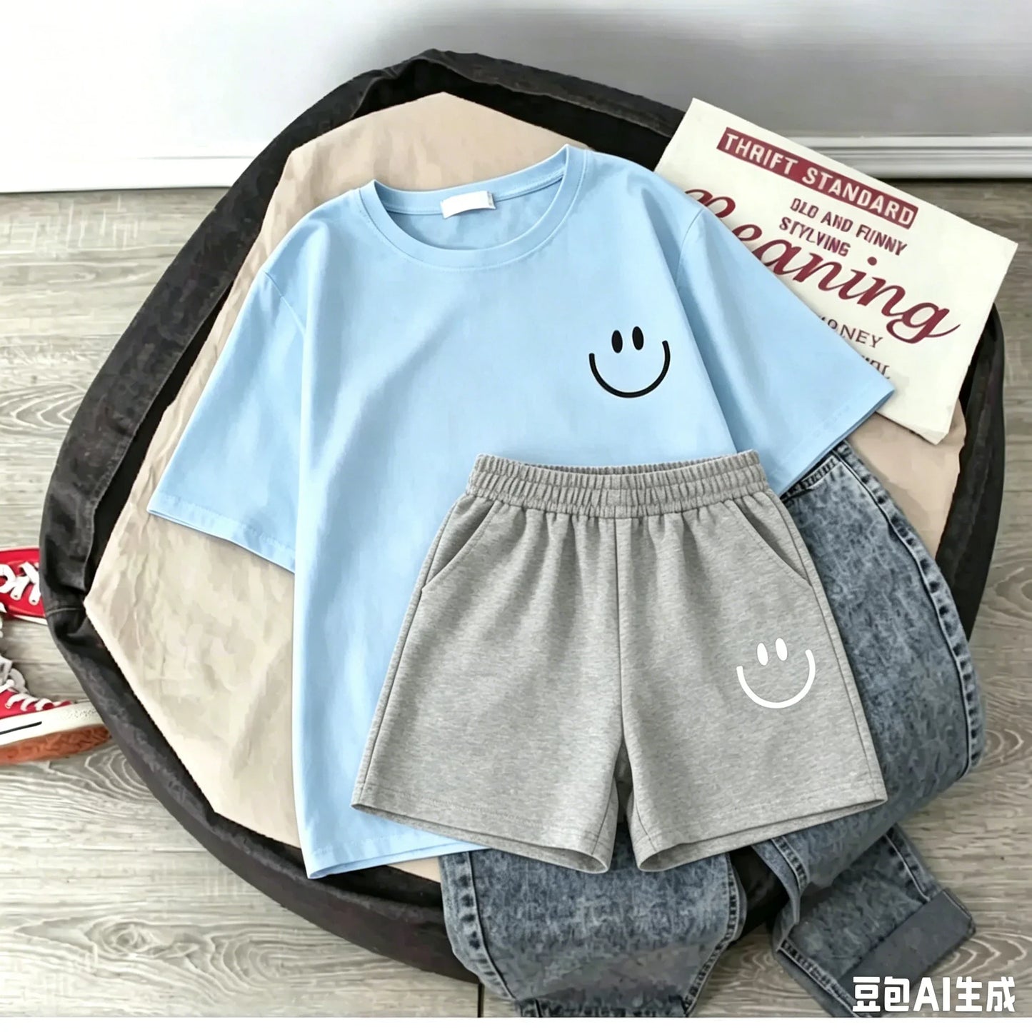 2026 New Summer Smiling Face Print Kids T-shirt Set Short-sleeved Pure Cotton Loose Basic Versatile Cool Simple Kids Outfit Tops