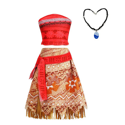 Moana Dress Kids Girls Children Cosplay Princess Birthday Carnival Party Costume with Necklace Flower Set Summer