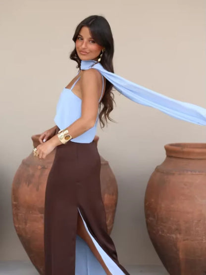 Fashion Color Block Spaghetti Strap Maxi Dress Women Elegant Halter Scarf  High Split Slim Vestidos 2026 New Daily Party Robes