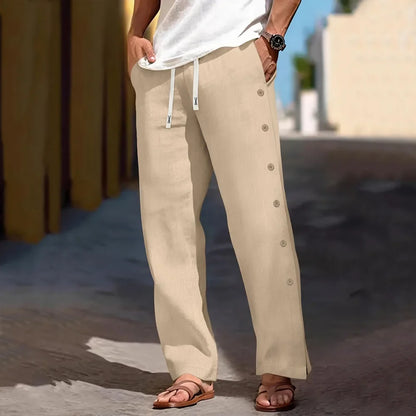 Men's Casual Cotton Linen Pants Drawstring Waist Side Button Decor Straight Leg Lightweight Breathable Summer Beach Trousers