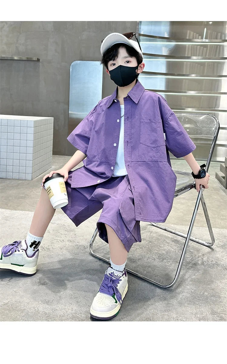 Kids New Summer Purple Suit for Boys Short Sleeve Shirt + Shorts 2 Pieces Clothes Set Children Loose Style Outfit Clothing Set