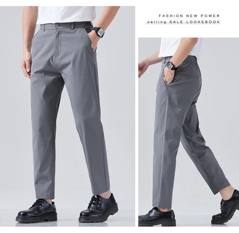 2026 Spring Summer Thin Ice Silk Suit Pants Men's Business Straight Slim High Elastic Ankle Length Casual Pants Male