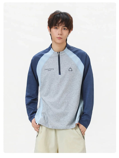 Men's Retro Colorblock Raglan Sleeve Long Sleeve T-Shirt – Loose Fit Half-Zip Athletic Top with Moisture-Wicking Fabric